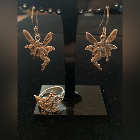 4 pc set Fairies. 925 silver Ring (Sz8) & Earrings Vintage Seagull pewter Brooch - Picture 9 of 14